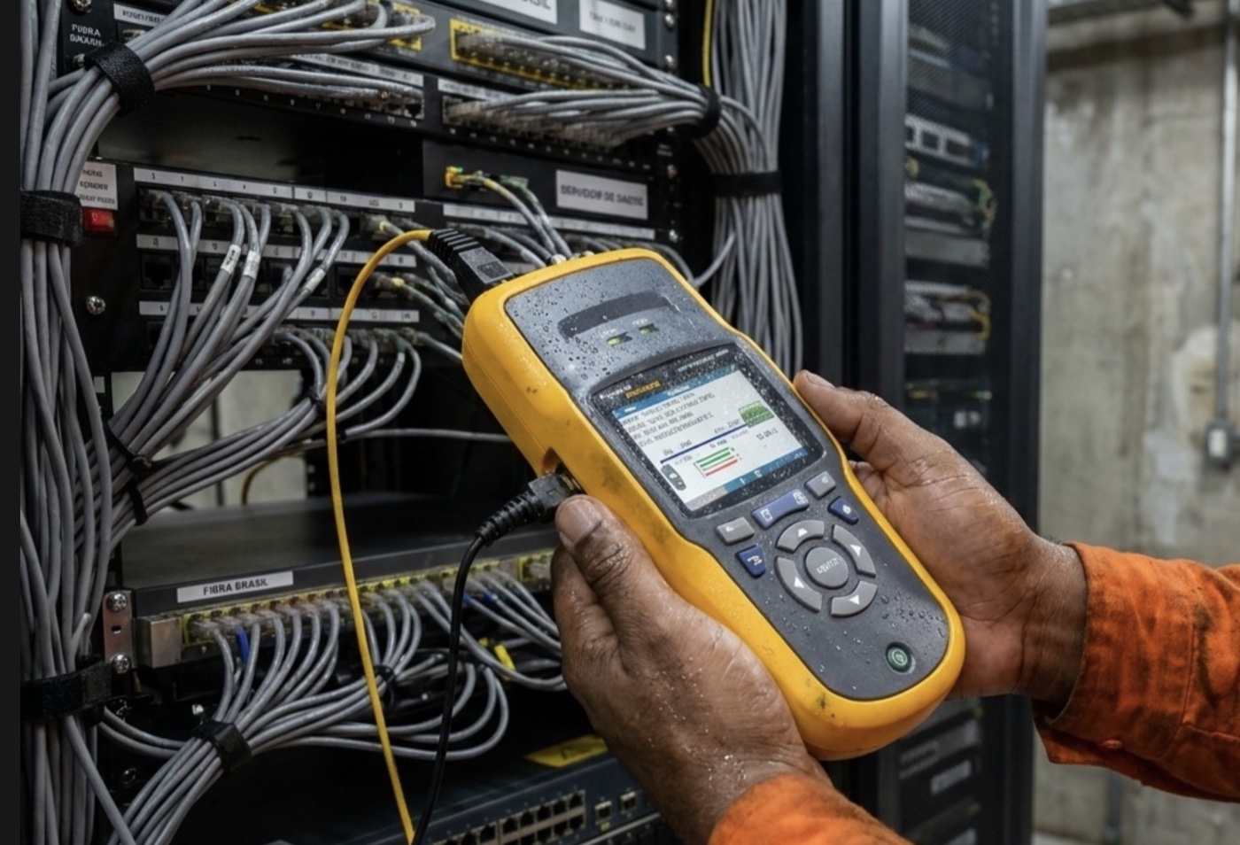 Certificador de rede conectado ao rack de patch panels durante teste de pontos
