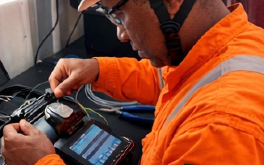 Técnico executando fusão de fibra óptica